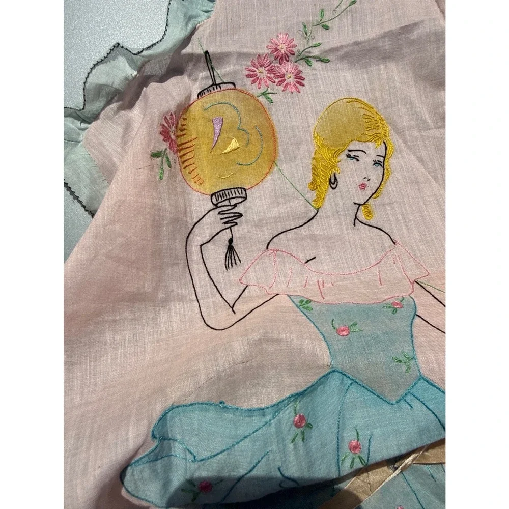 Vintage 1920s Art Deco Tea Apron Hand Painted Flapper Girl Chinoiserie Pink Blue